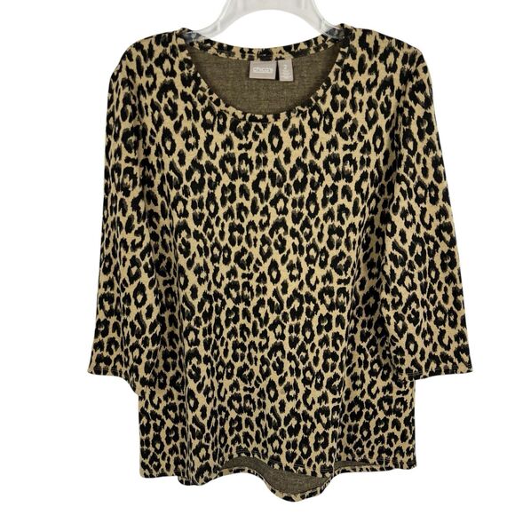 Chico’s Brown Tan Cheetah Print 3/4 Sleeve High Low Hem Top Women’s Large - Picture 1 of 9